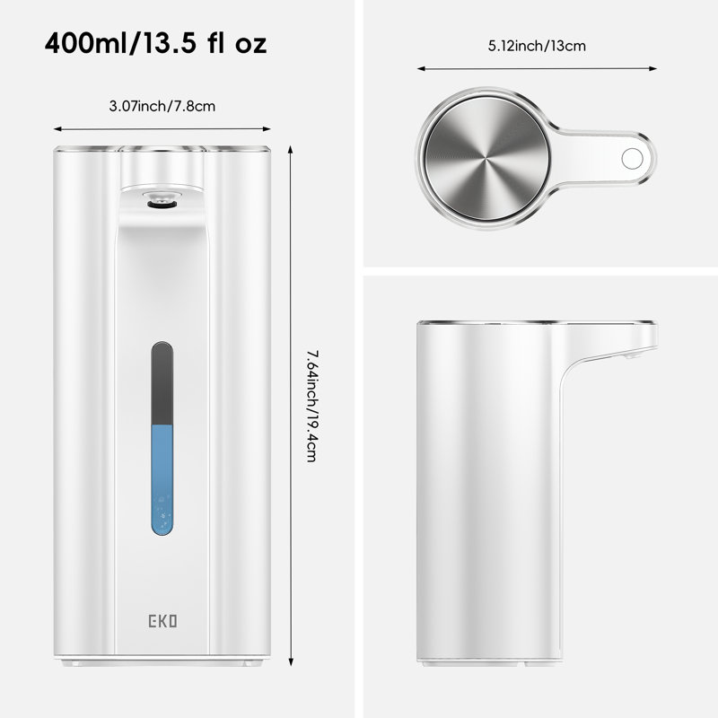 Distributeur de savon liquide automatique sans contact 13,5 oz liq. EKO Aroma Pro, distributeur de savon à main et à vaisselle électrique rechargeable pour salle de bain et cuisine, Ipx7 imperméable, contrôle de volume réglable (blanc)