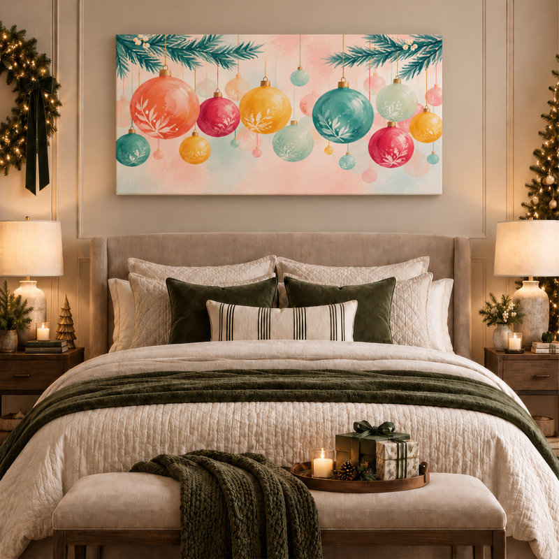 Aquarelle de boules suspendues à des branches de pin, art mural de Noël, L 40 po x H 20 po