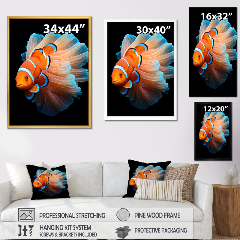 Portrait de poisson clown orange I sur toile, H 32 po x l 24 po x P 1 po, Cadre flottant blanc
