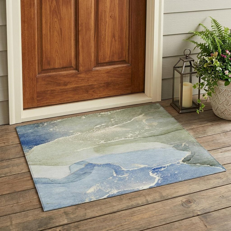 3' X 5' Blue and Green Abstract Washable Indoor Outdoor Area Rug