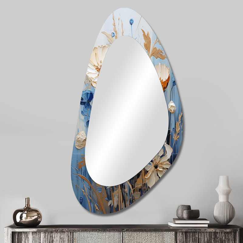 Desai White Calm Cornflowers meadows II - Cornflowers Asymmetrical Decorative Wall Mirror, Traditional Unique Shape Mirror, Printed Metal Art