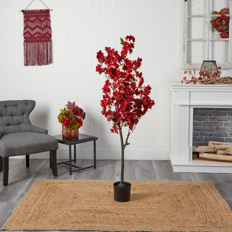60" Red Faux Cherry Blossom Tree in Black Planter