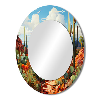 Coral Green Cactus Desert Guardian Organ - Floral Oval Decorative Mirror On Metal