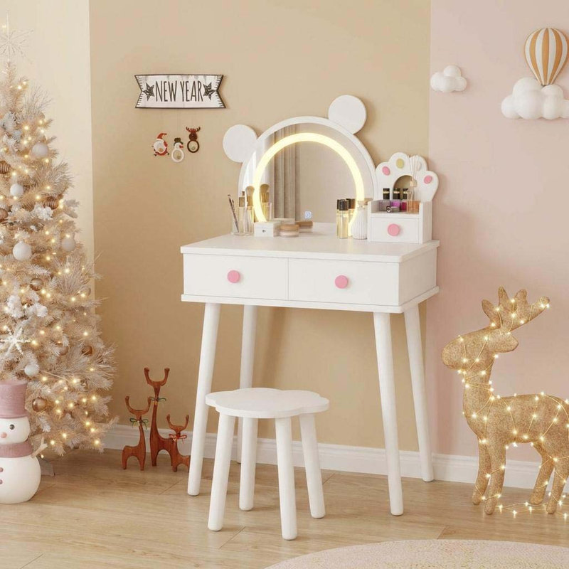 Bear-Shaped Kids Vanity Table & Chair Set, Lighted Mirror, Wooden Princess Makeup Desk, White, White