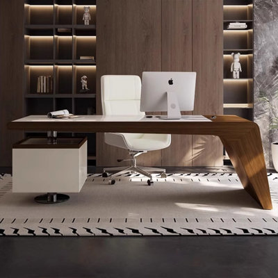 White + Nut-brown + Gray Rectangular Manufactured Wood + Stainless Steel with 2 drawers desk