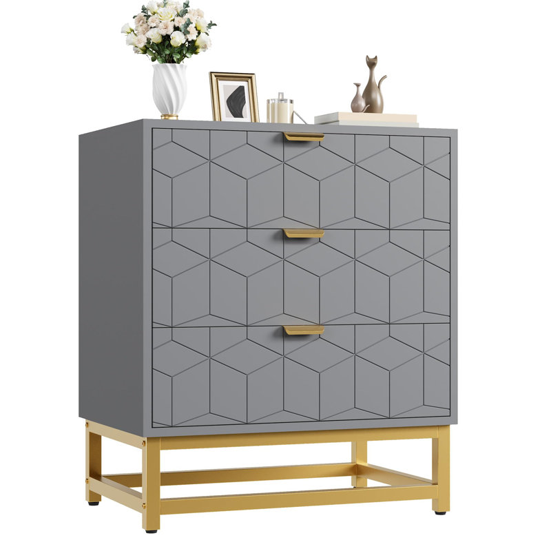 3-Drawer Wide Wooden Dresser with Metal Legs, Gray
