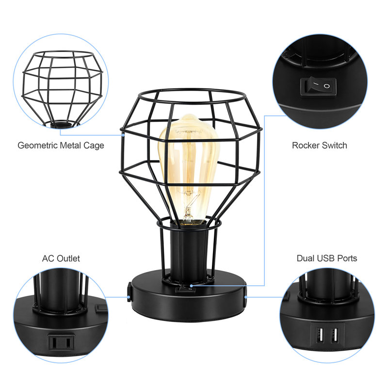 Rayniyah 8.66" Black Desk Lamp Set with USB and Outlet