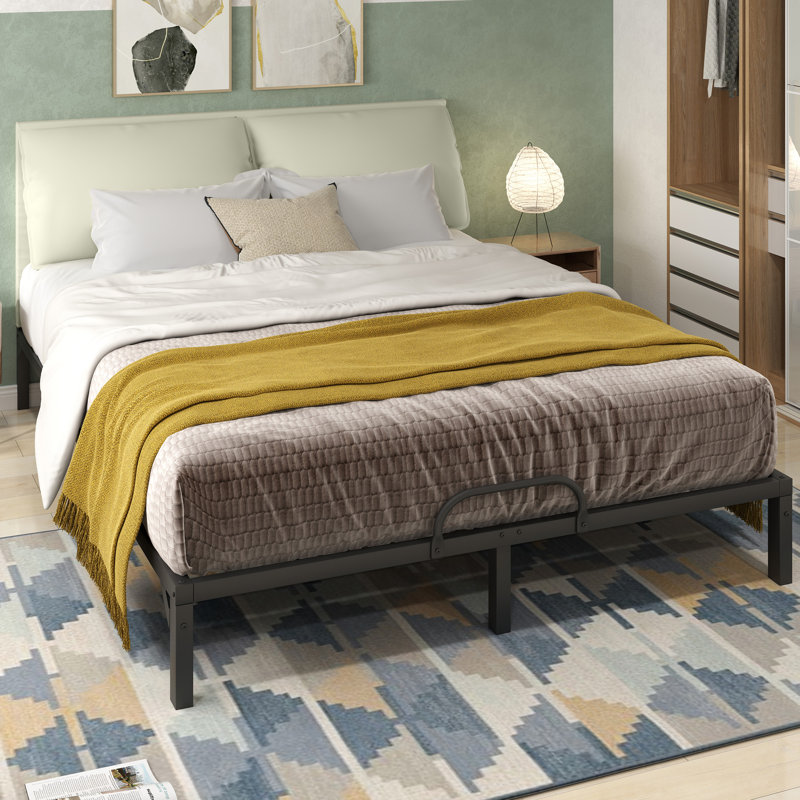 Lit rembourré en similicuir, Beige, Queen