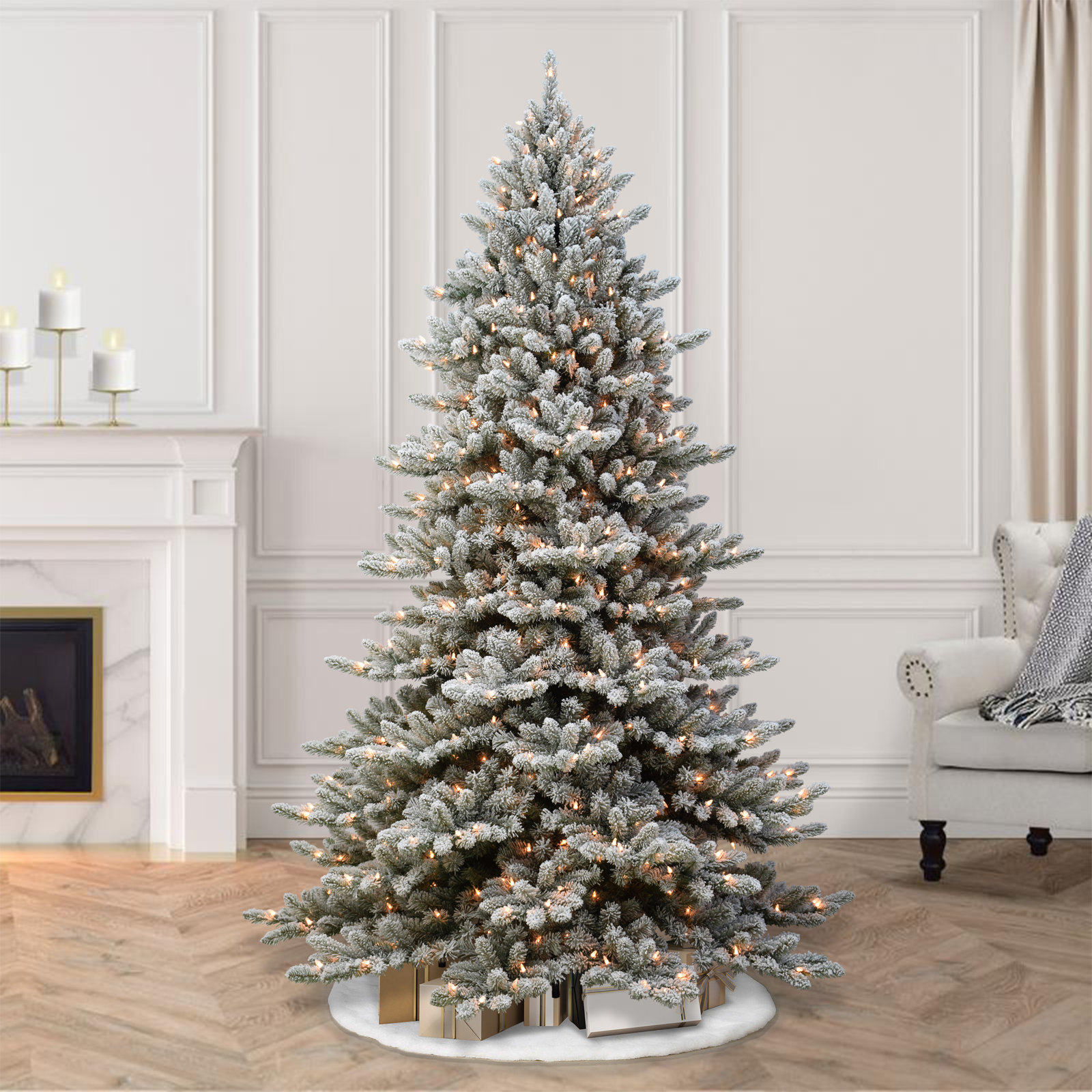 Pre-Lit Artificial Flocked Christmas Tree, 7.5' H