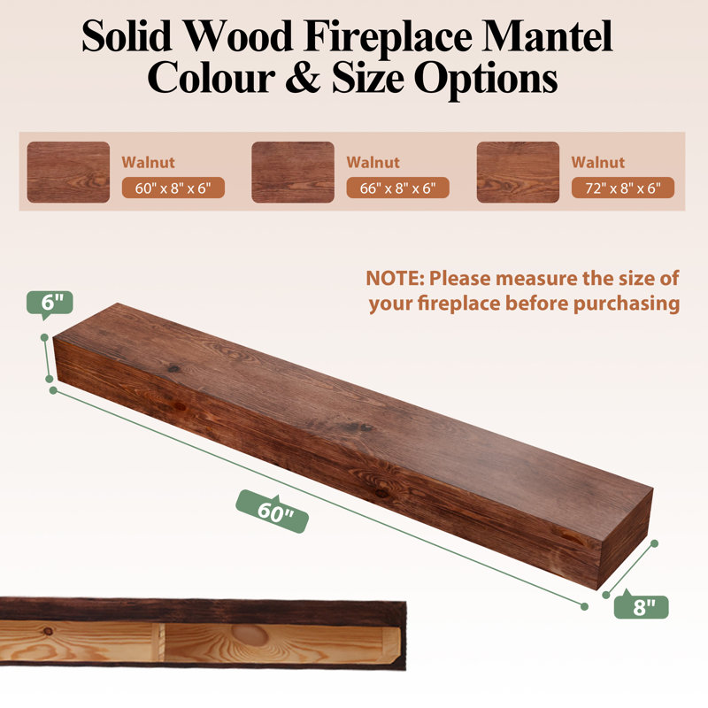 Handcrafted Rustic Solid Wood Fireplace Mantel, 60"