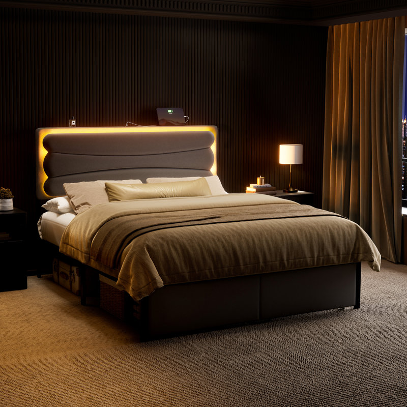 Lit double tapissier avec 2 tiroirs de rangement, lit de rangement en velours avec lumière DEL et station de charge, gris