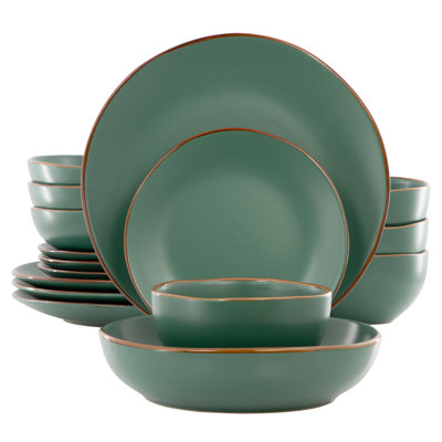 Gibson Home 16 Piece Stoneware Double Bowl Dinnerware Set in Matte Green