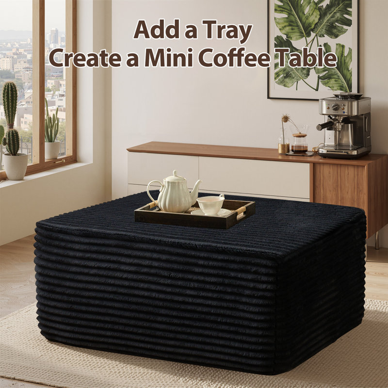 37.01'' Wide Fluffy Ottoman, Plush Accent Pouf, For Modern Interior Design, Black Faux Fur