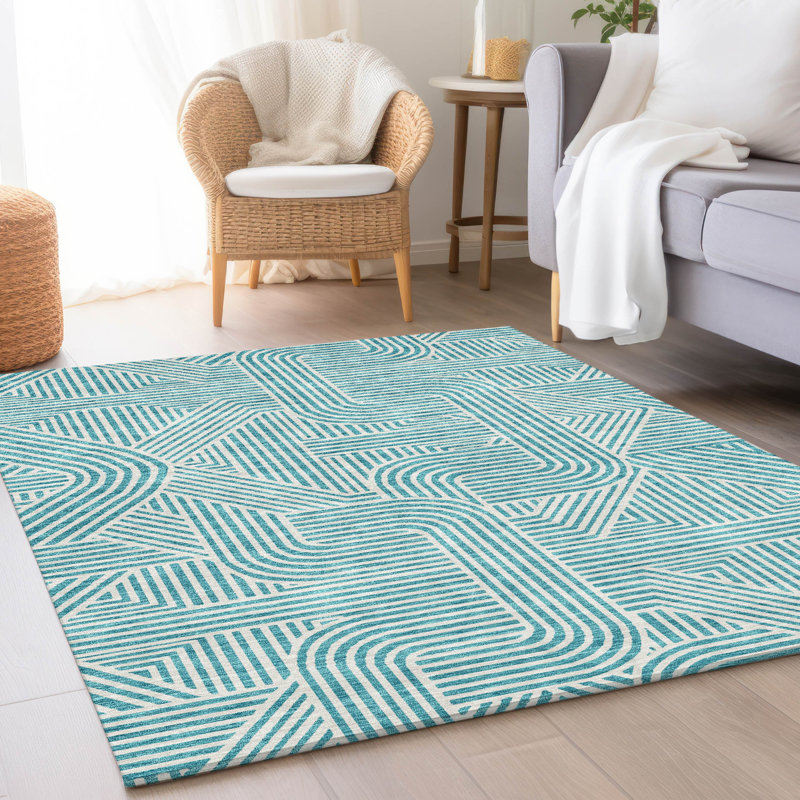 Premium Machine Washable Prisco Teal Rug, Rectangle 2'6" x 3'10"