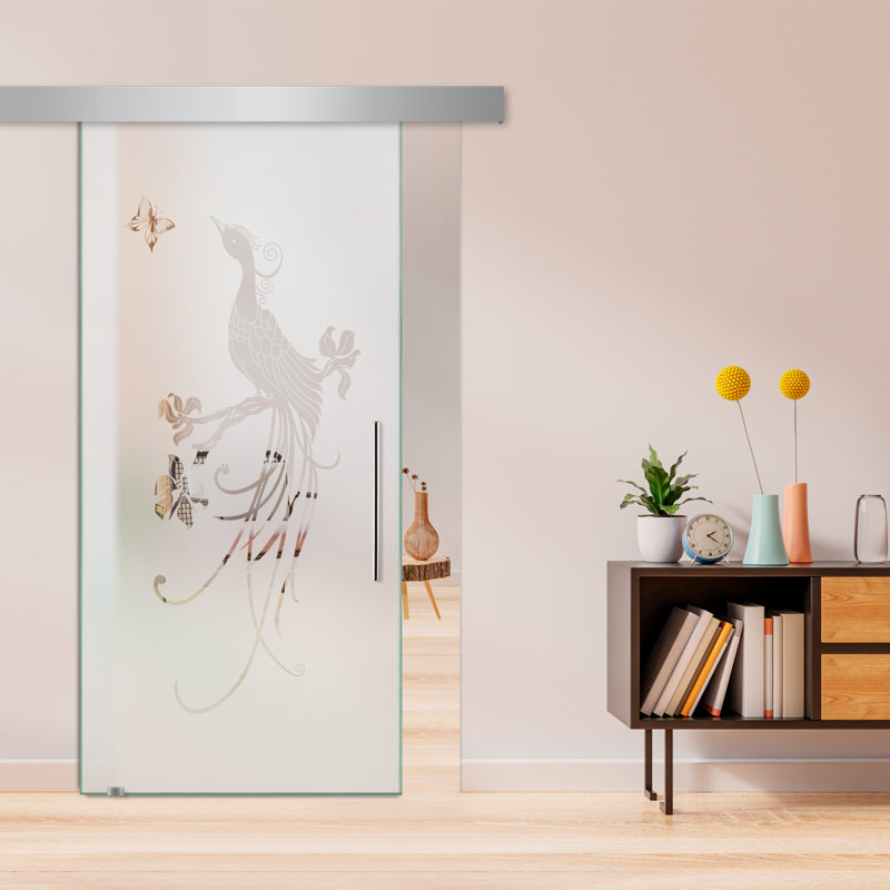 Porte de grange coulissante en verre givré avec design moderne sablé + ensemble de quincaillerie (semi-privé), 28 po x 84 po