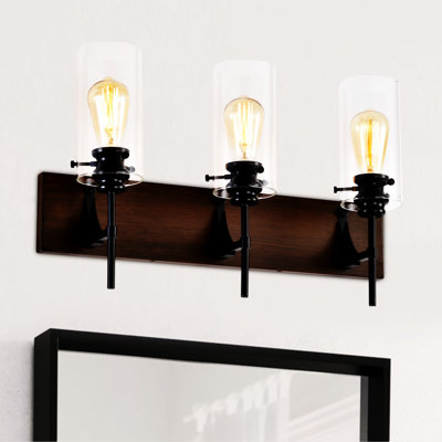 3-Light Matte Black + Wood Color Bathroom Light Fixtures