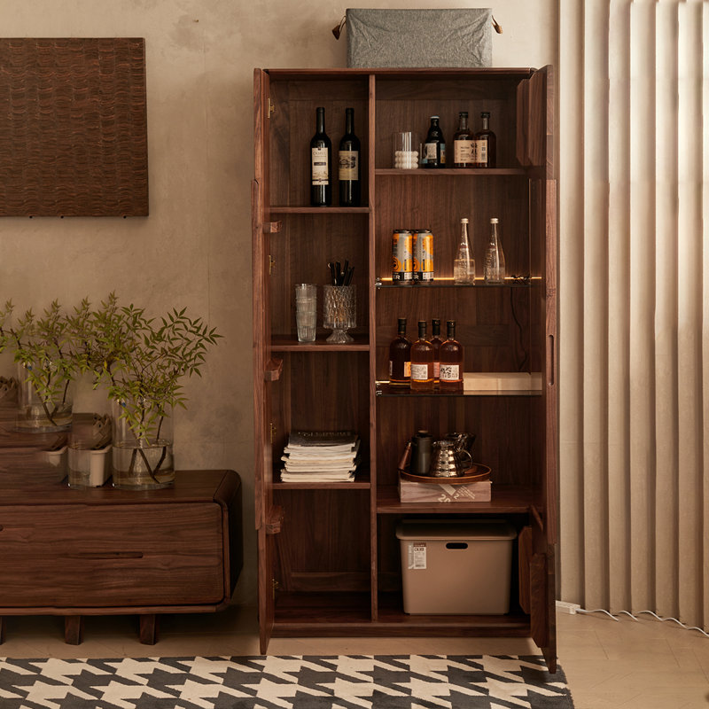 35.83" Black Walnut Solid Wood Wine Cabinet, Glass-Door Storage Display Cabinet for Living Room