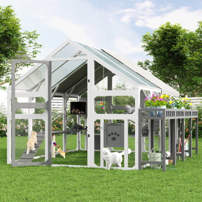 Grande maison pour chat d'extérieur avec support à fleurs, enclos à chat en bois avec boîtes de repos pour plusieurs chatons, pont suspendu, plateformes, cage Catio avec housse imperméable