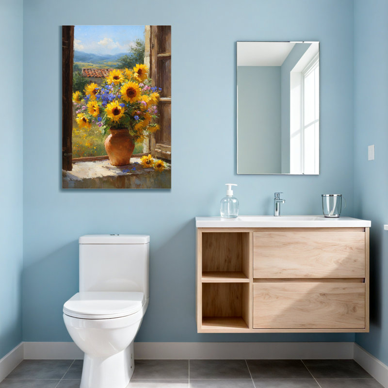 Plantes et fleurs tournesols dans un vase par fenêtre avec paysage, H 48 po x l 32 po