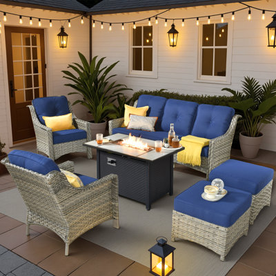 Mobilier de jardin extérieur 6 pièces avec foyer extérieur, table de conversation en osier avec fauteuil simple Harper, canapé modulaire profond confortable avec repose-pieds pour la terrasse extérieure