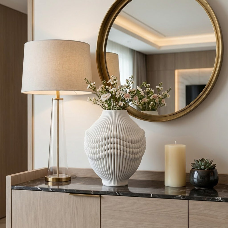 Vase décoratif avec texture ondulée pour la décoration de table - Vase artistique haut pour décor de bureau, de chambre à coucher ou de salon - Ivoire