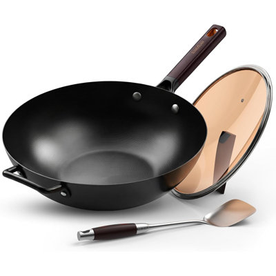 13.5 Inch Pre-Seasoned Carbon Steel Wok with Lid & Spatula, Flat Bottom Nonstick Stir Fry Pan, Compatible with Induction & Gas Stoves for Cooking, BBQ and Camping