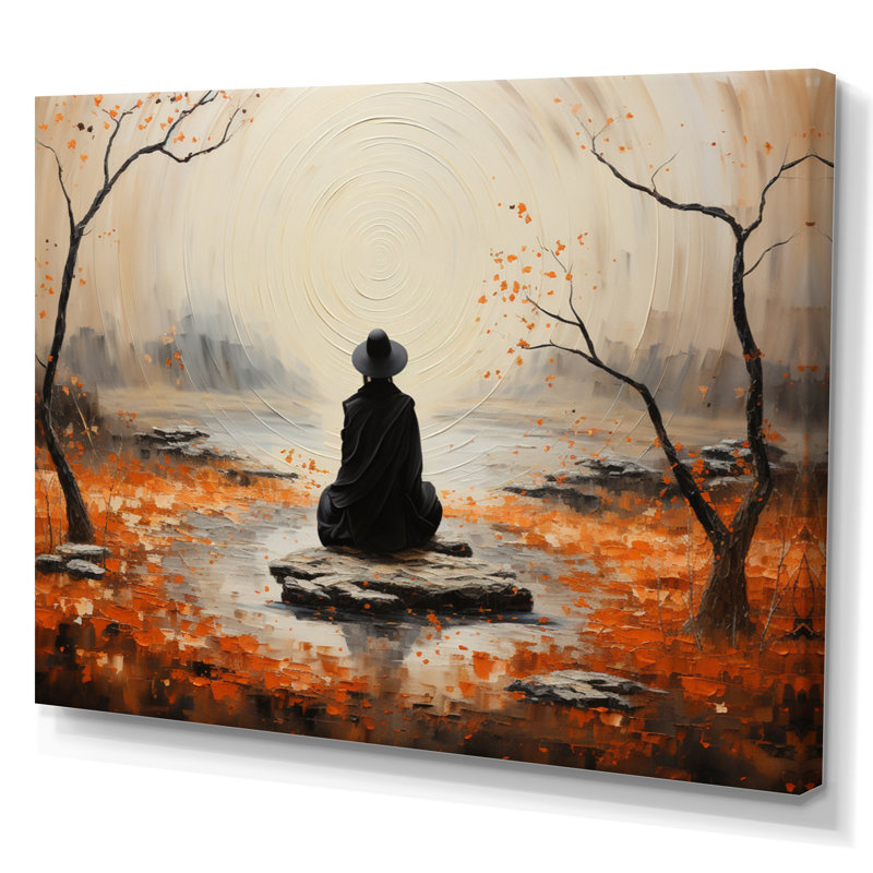 Orange gris méditation zen jardin pointillisme sur toile, H 24 po x l 32 po x P 1 po, Toile tendue