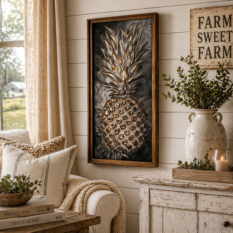 Metal 3D Pineapple Dimensional Wall Art Panel with Distressed Wood Frame, Tropical Decor 42.5"x20"