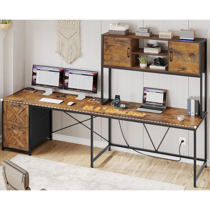 L Shaped Computer Desk, 62.2" Farmhouse Home Office Desk With Fabric Drawers, Brown/Black
