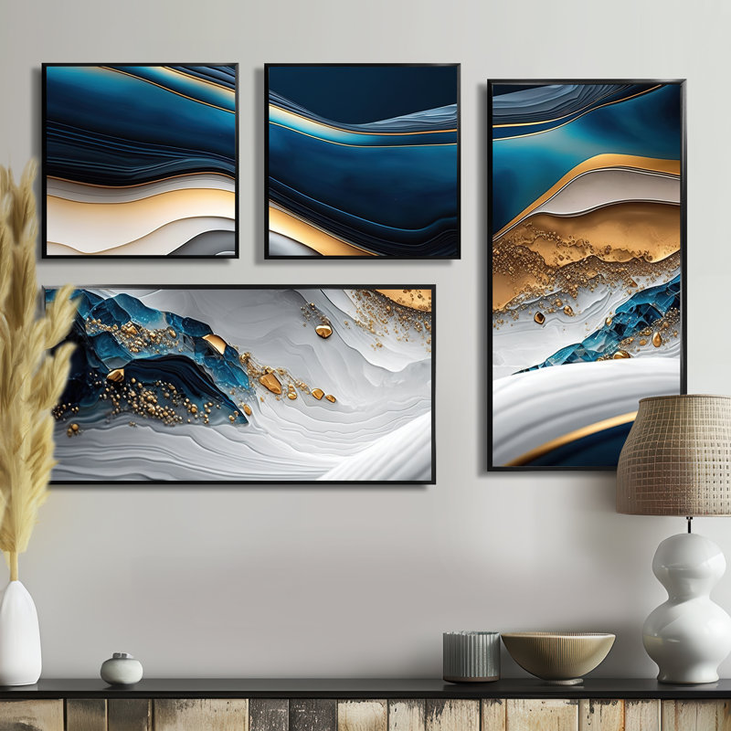 «Abstract Geode Waves Blue II», reproductions d'art sur toile 4 pièces, Reproduction encadrée sans passe-partout, Noir