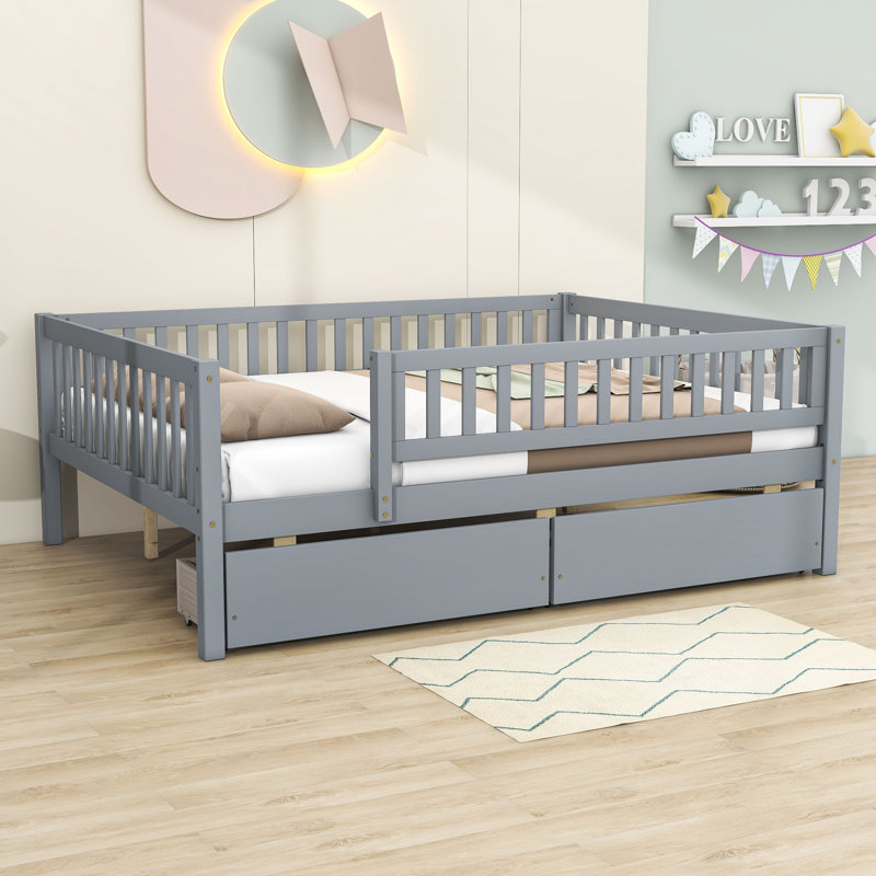 Lit en bois avec deux tiroirs, gris, Double
