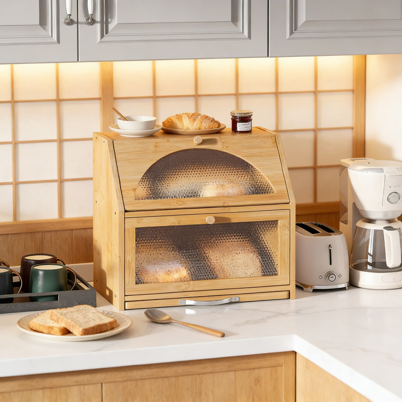 Boîte à pain en bambou avec planche à découper intégrée, très grand bac de rangement à pain double couche avec porte en acrylique pour l'organisation du comptoir de cuisine