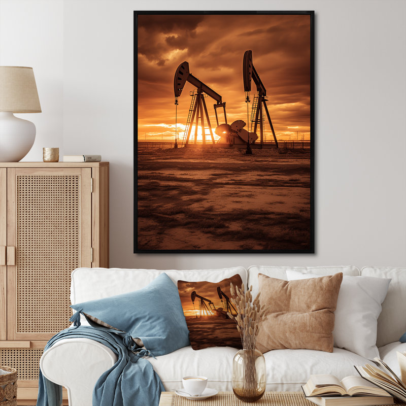 «Sunrise Oil Drilling Rig Horizon», reproduction sur toile, Cadre flottant noir, H 32 po x l 16 po x P 1 po