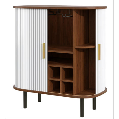 Fluted Wine Bar Cabinet with 8-Grid Wine Rack, 5-Level Adjustable Shelves, 2 Glass Holders