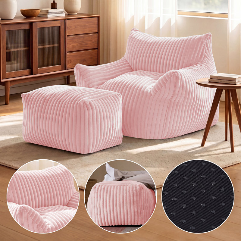 Large Corduroy Compression Bean Bag Chair with Ottoman Memory Foam Lazy Floor Sofa, Pink Polyester Blend