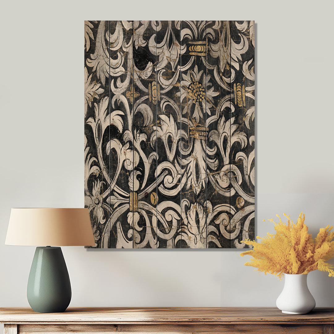 Gold Metallic Floral Strapwork - Ornate Glam Print On Natural Pine Wood East Urban Home 