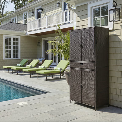 Outdoor 76" Tall Wicker Storage Cabinet, Outside Rattan Vertical Storage Shed, Pool Storage Organizer, With Drawer And Adjustable Shelves