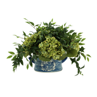 Hydrangea and Ruscus Arrangement in Ceramic Pot