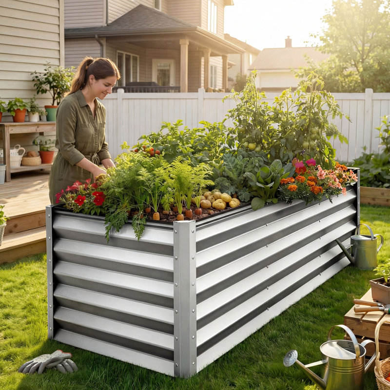 Lit de jardin surélevé d'extérieur en métal avec gants Seiter 8X4x3ft, argent, Silver, H 36 po x l 96 po x P 48 po