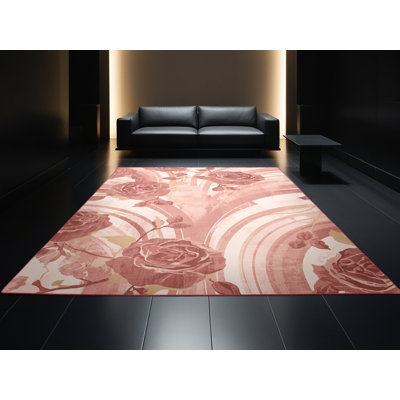 Tapis beige moderne et contemporain lavable à la machine Wyndmoor Valentines - reliure rose