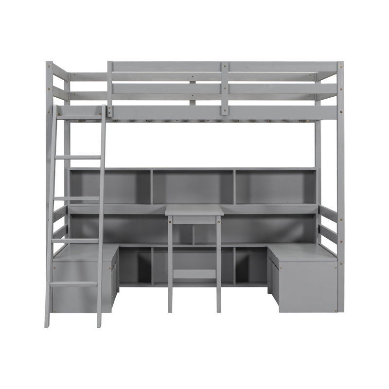 Lit mezzanine simple avec tablettes de rangement, Gris