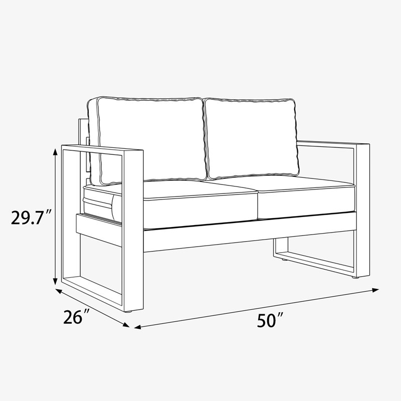 127cm Wide Metal Loveseat with Cushions, Grey Frame/Grey Cushion