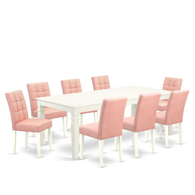 9 Piece Dinette Table Set contain A Modern Dining Table and 8 Beige Red Polyester Fabric Kitchen Chairs with Stylish Back- Linen White Finish