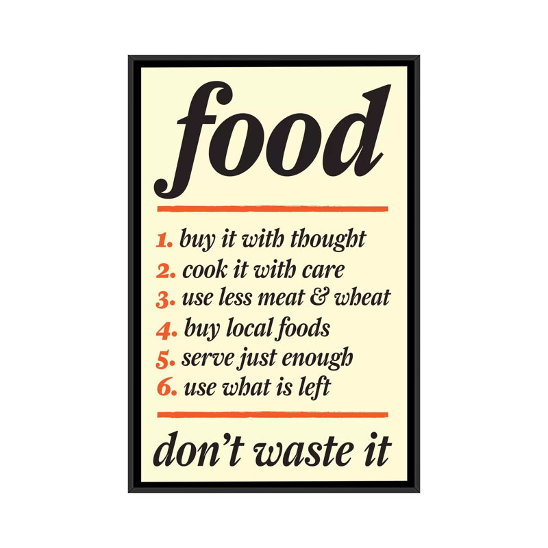 Art textuel sur toile, "not gaspilled food" Kitchen, H 26 po x l 18 po x P 1,5 po, Toile avec cadre flottant noir