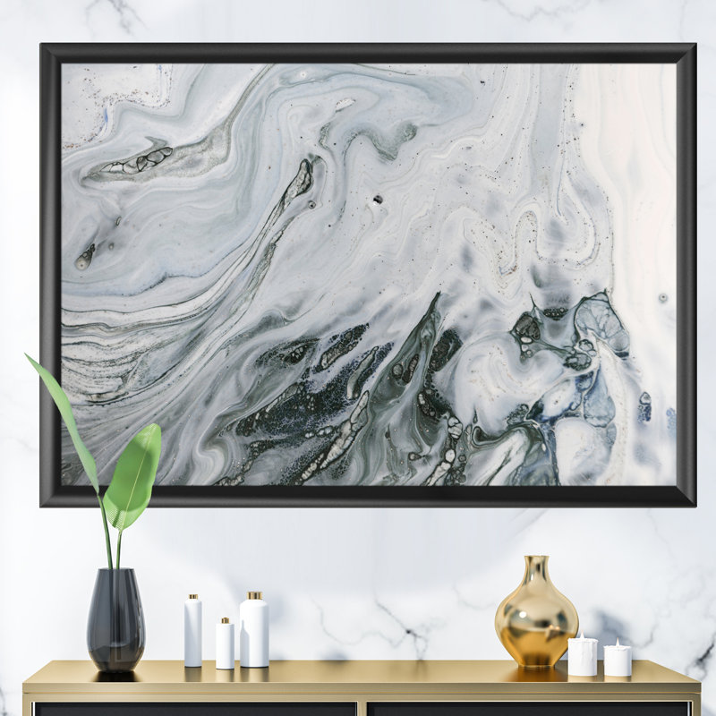 Marbre gris et blanc avec puissance dorée - reproduction d'art sur toile, Cadre flottant blanc, H 30 po x l 40 po x 1,5 po