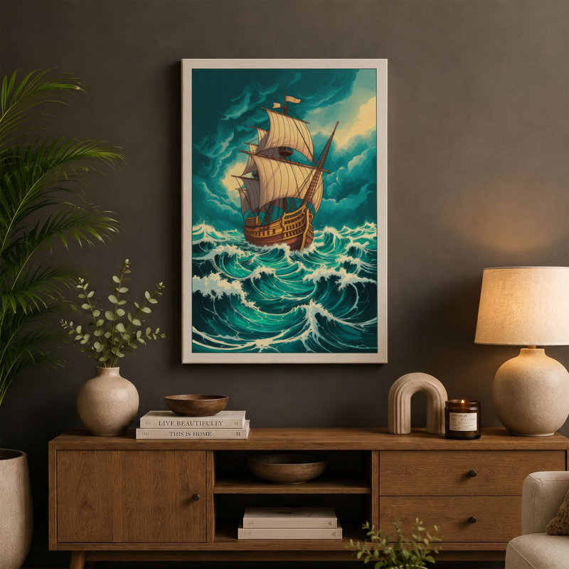 Vessel in Stormy Seas Romantic - Wrapped Canvas, 18x12 - 45.7 x 30.5 cm, Black Border
