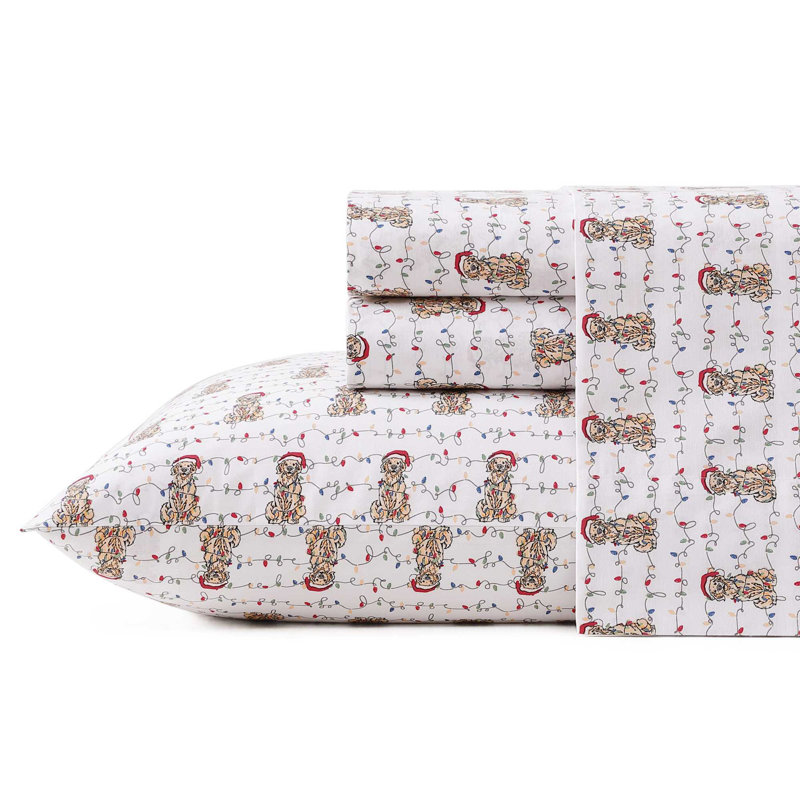 Ensemble de draps en coton percale Tommy Bahama, Ensemble de draps pour grand lit avec 2 taies d'or, Chiens de Noël roses