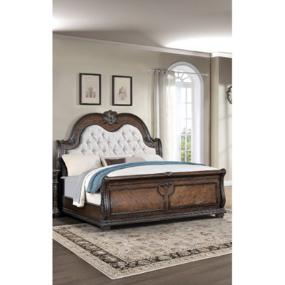 1Pc Traditional Style Faux Leather Upholstered Headboard Button Tufted Formal Bedroom Furniture Formal Sleigh Bed