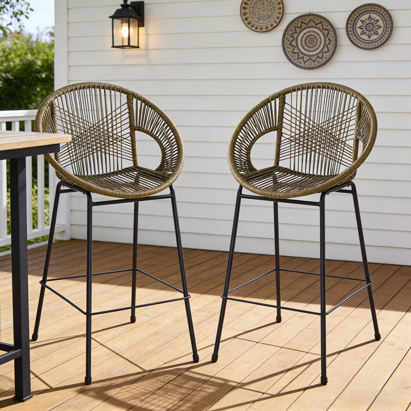 Outdoor Patio Black Faux Wicker Barstool Set, Green