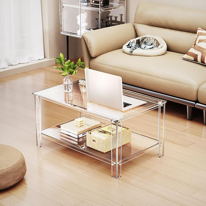Coffee Table With Storage Shelf,Rectangle Living Room 2-Tier Center Table For Small Spaces (Rectangle, Nomal), Clear
